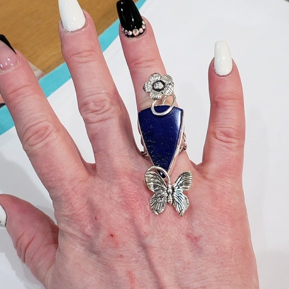 Lapis lazuli gemstone, 925 silver ring, natural stone, flower design ring - Picture 9 of 14